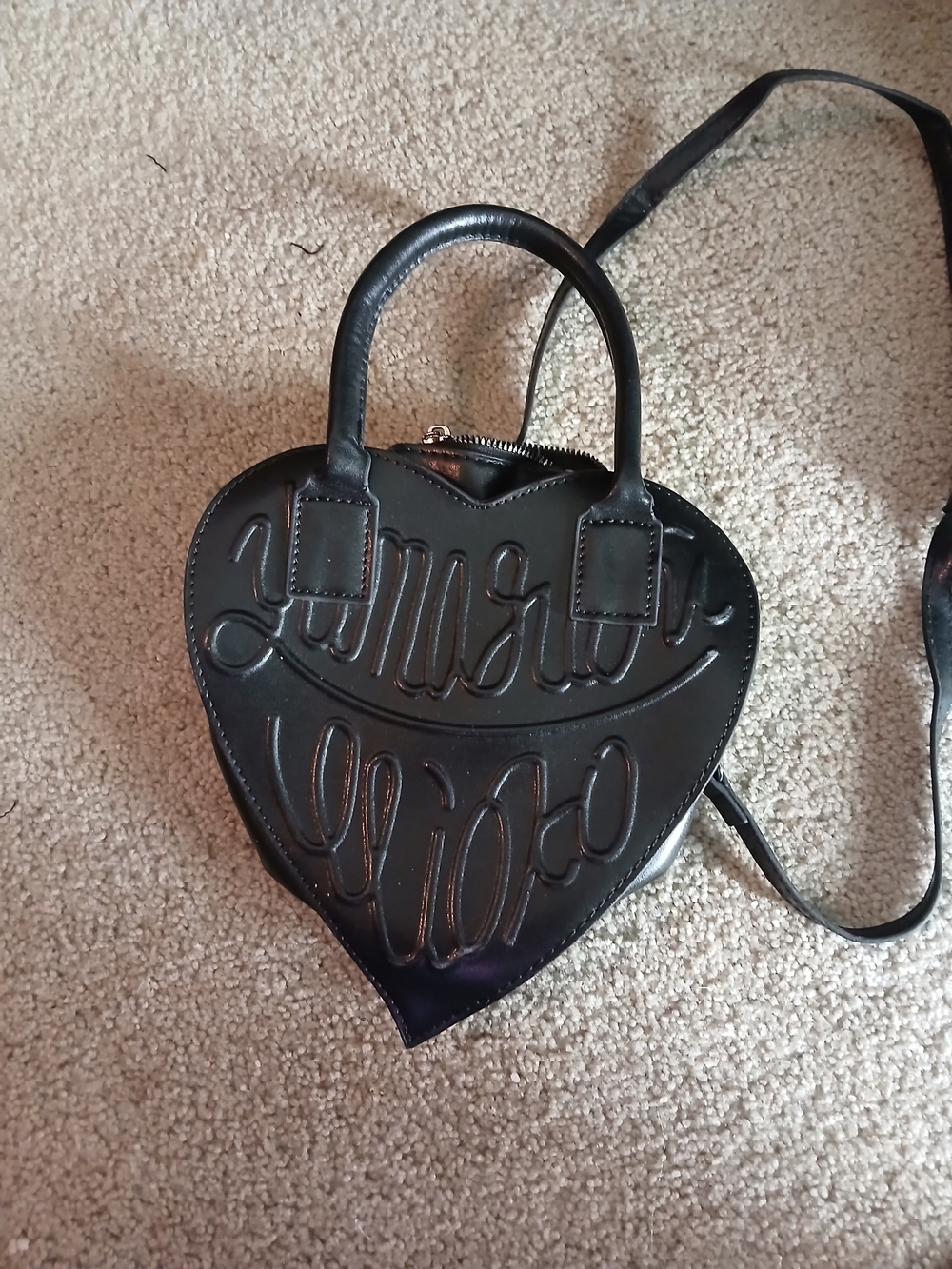 Black Heart-Shaped Crossbody Bag with Script Embossing